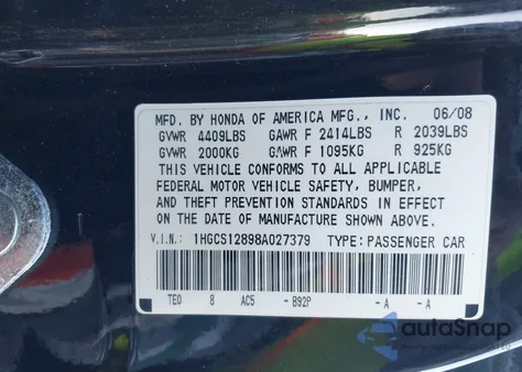 2008 Honda Accord 2.4 Ex-L/Ex-L z USA, uszkodzony, nr VIN 1HGCS12898A027379